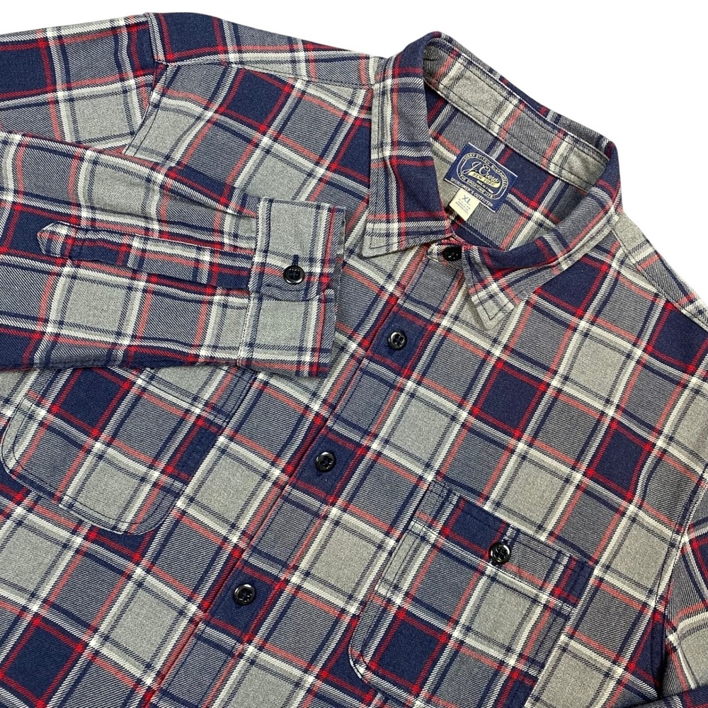 J.Crew Mens Flannel Shirt XL Grey Navy Red Plaid Cotton Button Down Long Sleeve